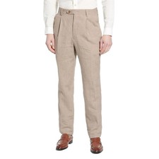 Berle Mens 34R Pleated Linen Trousers Tan Oatmeal Cuffed Dress Pants 100% Linen picture