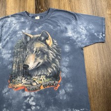 Vintage Wolf Shirt Mens XL Blue Bleach Dyed Grey Wolf Wildlife Nature 90s Tee picture