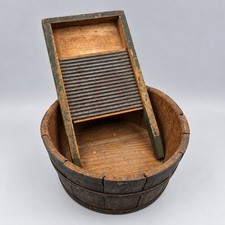 Antique 1890s-1910s Wood Metal Toy Washboard Tub Laundry Set Primitive picture