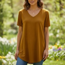 Zenana Outfitters Women's Casual Mustard Yellow V-Neck Tunic Top, Size Large picture