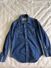 Buck Mason Cotton Blue Sawtooth Denim Western Shirt Medium Pearl Snap Buttons picture