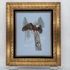 Lg Vintage Needlepoint PNW USA Bald Eagle On Native Totem Pro-Framed 24” X 28” picture