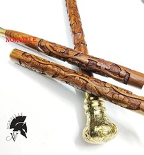Vintage Fancy Hand Carved Walking Stick Wooden Cane Victorian Brass Handle picture
