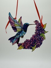 Hummingbird Lilac Floral Stained Glass Look Suncatcher Ornament 4x4 Colorful picture