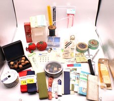 Sewing Notions Lot Tomato Pincushion Wooden Spool Tins Snap Elastic AND More Vtg picture