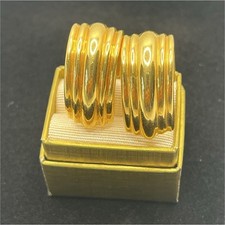18k yellow gold ribbed huggie hoop earrings omega back signed CJI 25.46mm 7.41g picture