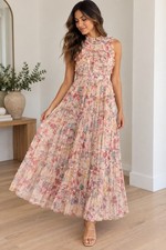 NWOT Sundance Catalog “Let Me Be Jenny Dress” Floral Tiered Mesh Maxi Gown, Sz S picture