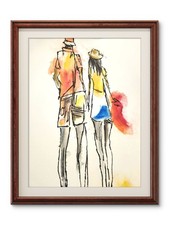 Original 14x11 Modern Couple Viewed From Behind Painting Signed Art On Paper picture
