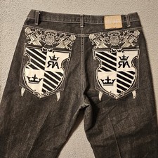 Red Ape Authentic Mens Black Denim Y2K Streetwear Crest Embroidered Jeans 38x32 picture