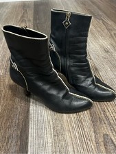 Vintage Louis Vuitton Black Leather Ankle Boots Heels Yellow Stitching Size 35 picture