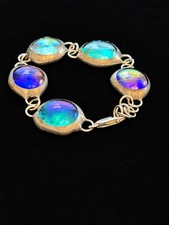 Stunning VTG  925 Sterling Silver Dichroic Art Glass Cabochon Link Bracelet picture