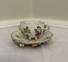 Antique Meissen Flower Encrusted Footed Porcelain Cup & Saucer Crossed Swords picture