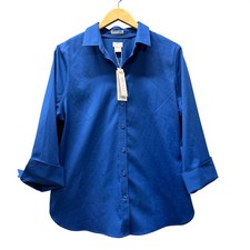 Chico's Button Up Shirt Womens Large No Iron Stretch Belladonna Blue Coastal NEW picture