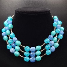 Vintage 1950s Triple Strand Blue Lucite Moonglow Statement Necklace Mid Century picture