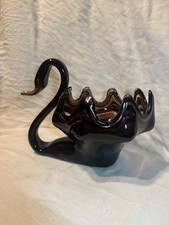 Murano Style Glass Swan Bowl Black Amethyst picture