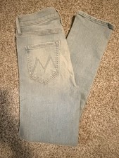 MOTHER Women’s Ankle Jeans Light Wash Blue Denim 5-Pocket Button Zip Logo. picture