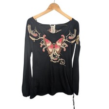 JWLA Johnny Was Black Butterfly Embroidered Long Sleeve Top V-Neck Boho M picture