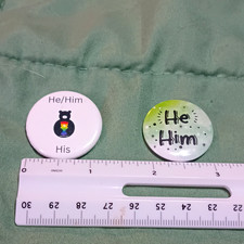 2pc He/Him His Pronoun Pinback Buttons Lot Bear Rainbow + Green/White Slogans picture