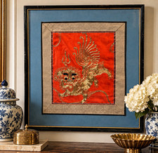 19th C Qing Chinese Silk Embroidery Foo Lion Gold Thread Framed Antique picture