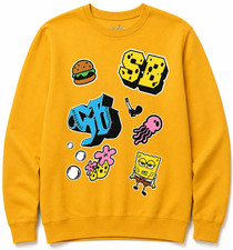 SpongeBob SquarePants Stickers Buttons Gold Crewneck Sweatshirt Nickelodeon NEW picture