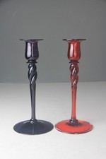 SET OF 2 STEUBEN SHAPE #686 GLASS CANDLESTICKS AMETHYST & SELENIUM RED picture