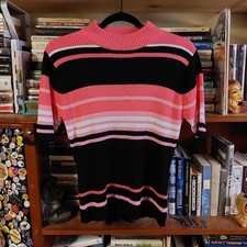 Vintage Worthington Essentials Pink Black Striped Short Sleeve Sweater Large 90s picture
