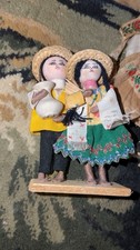 Vintage Folk Art Cloth Peasant Couple Straw Hats Jug Handmade on Wood Base picture