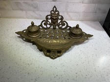 Antique Cast Brass Double Inkwell North Wind Face Mask Pen Tray Victorian Gothic picture