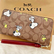 COACH x PEANUTS Long Zip around Wallet Snoopy Woodstock Khaki Signature CE705 picture