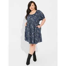 Torrid NWT Floral Chambray Puff Sleeve Smocked Mini Dress Womens 2 2X Pockets picture