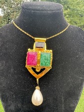 Pendant With Garnet, Beryl Ruby, Corundum Ruby On Vintage 18 K Gold Plate Chain picture