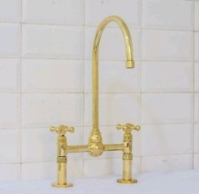 Unlacquered Antique Brass Kitchen Faucet - Solid Brass Bridge faucet and Sprayer picture