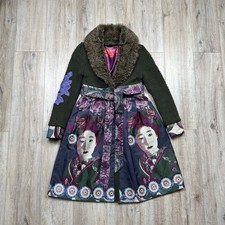 Desigual Womens Y2K Embroidered Geisha Print Belted Coat Faux Fur Size EU 40 US8 picture