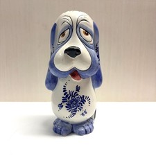 Vintage Italian Pottery Basset Hound Dog Coin Piggy Bank Blue Floral Italy picture