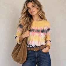 Magaschoni Tie Dye Sweater Sz L Butter Yellow Silk Cashmere Blend NWT $238 picture