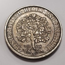 1928-A Germany Weimar Republic 5 Mark .4019 ASW - KM56 - Oak Tree - Q5612 picture