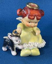 VTG Ardalt Lenwile Girl Angel w/ Cat Kitten Ceramic Figurine Japan 6927D picture