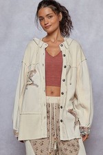 New POL Shacket Placket Hoodie Button Down Relaxed 100% Cotton Star Medium Oat picture