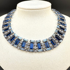 Vintage Rhinestone Collar Necklace Shades of Blue Baguette Glass Wide Statement picture