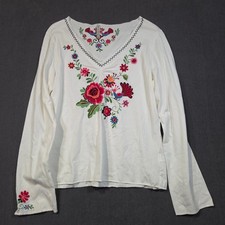 White Stag Embroidered Top Womens Medium White Floral Bird V-Neck Long Sleeve picture