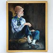 Original Oil Painting Portrait Seated Old Man Blue Scarf Cap Custom Framed 16x20 picture