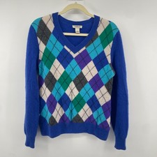 Harold's Argyle Sweater Womens L Blue Cashmere V-Neck Long Sleeve Pullover picture