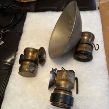Lot of 3 Antique Auto-Lite Just-Lite Carbide Mining Lamps Brass Miner Air-Cooled picture