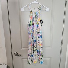 Express Floral Halter Neck Mini Dress Watercolor Pleated Sleeveless Multi 10 NEW picture