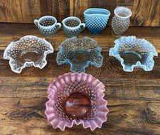 VINTAGE FENTON OPALESCENT HOBNAIL LOT BLUE CRANBERRY CLEAR BOWLS CREAM SUGAR picture