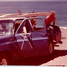 c1970s Chevy Custom Pickup Truck Surfboard Rack Snapshot Photo Surfer Beach Dog picture