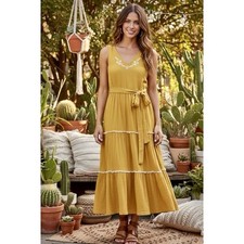 Joie Mustard Yellow Embroidered Tiered Boho Maxi Dress NWT Size 6 picture