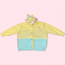 Vintage Carter's Baby Knit Cardigan Sweater Yellow/Blue Colorblock Bear 0-9M picture