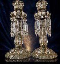 Antique French Baccarat Medallion Glass Pair Lusters Lamps picture