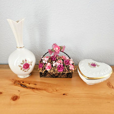 Vtg Lenox Porcelain Lot Rose Blossom Bud Vase Heart Trinket Box Floral Basket picture